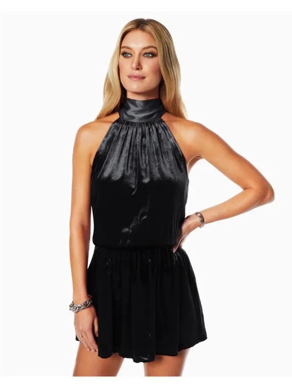 Ramy brook velvet Satin Halter Neck Mini Dress in Black